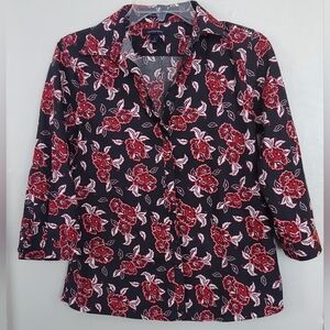 Land's End Women’s Black  Floral No Iron 100% Supima Cotton Shirt Size 2